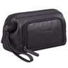 Neceser de cuero negro unisex, vista frontal detalle con logo STILORD en relieve, cremalleras y asa de muñeca visibles
