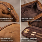 Neceser Henry en piel vacuna tan-marrón, tirador de cremallera con marca STILORD, piel hidrófuga, interior con bolsillos y gomas elásticas