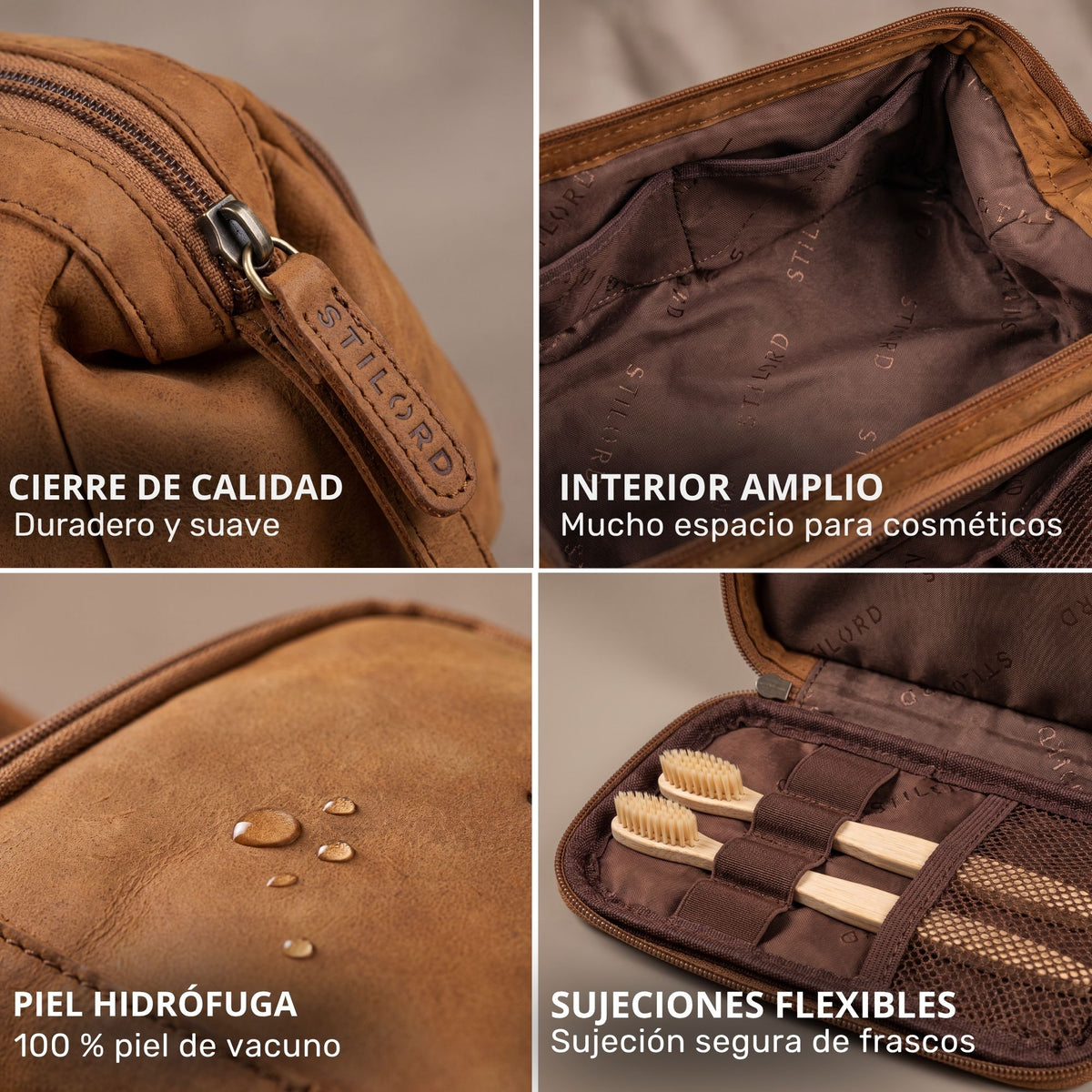 Neceser Henry en piel vacuna tan-marrón, tirador de cremallera con marca STILORD, piel hidrófuga, interior con bolsillos y gomas elásticas