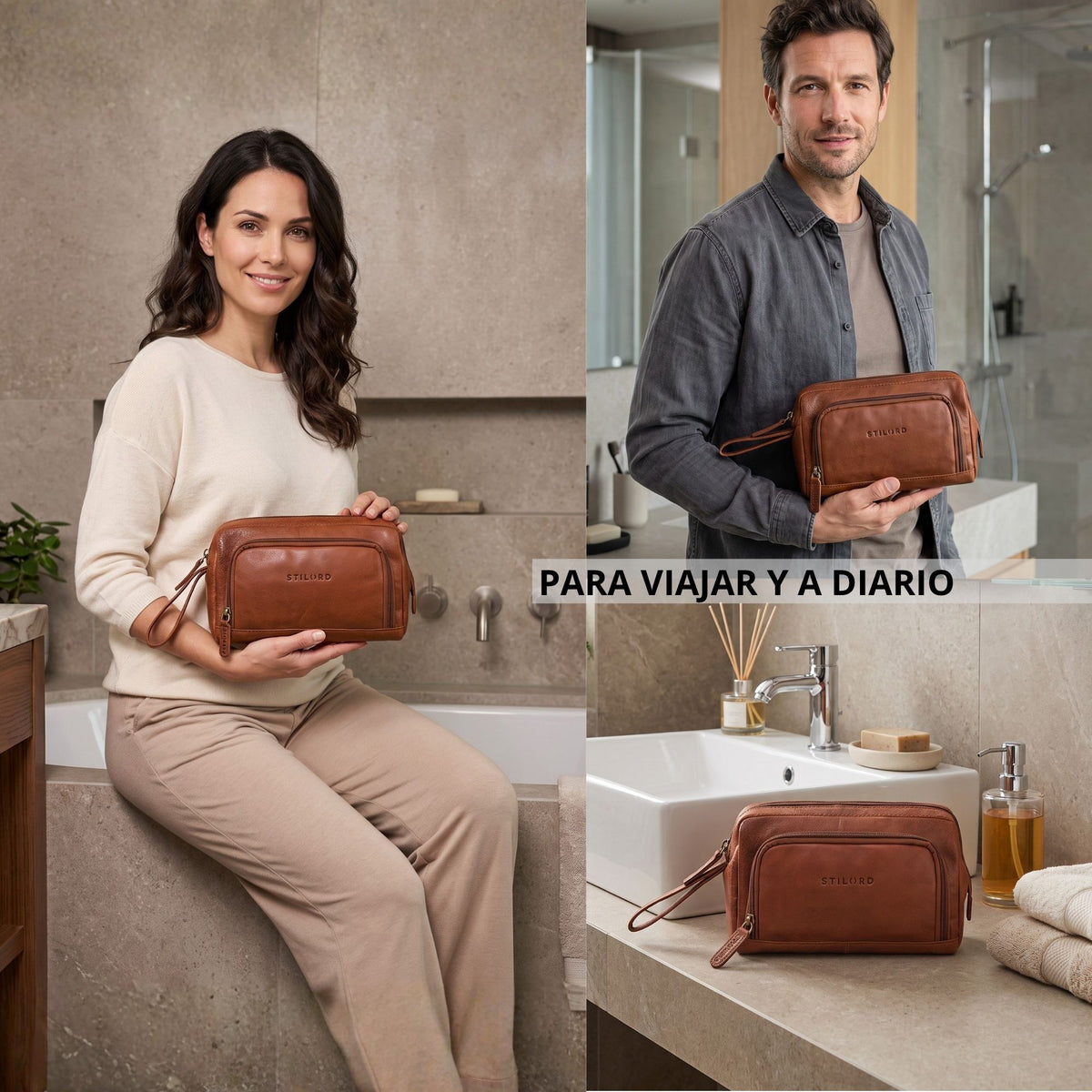 Neceser de piel maraska marrón con marca STILORD en relieve, asa de mano y bolsillo frontal, mostrado en baño con modelos