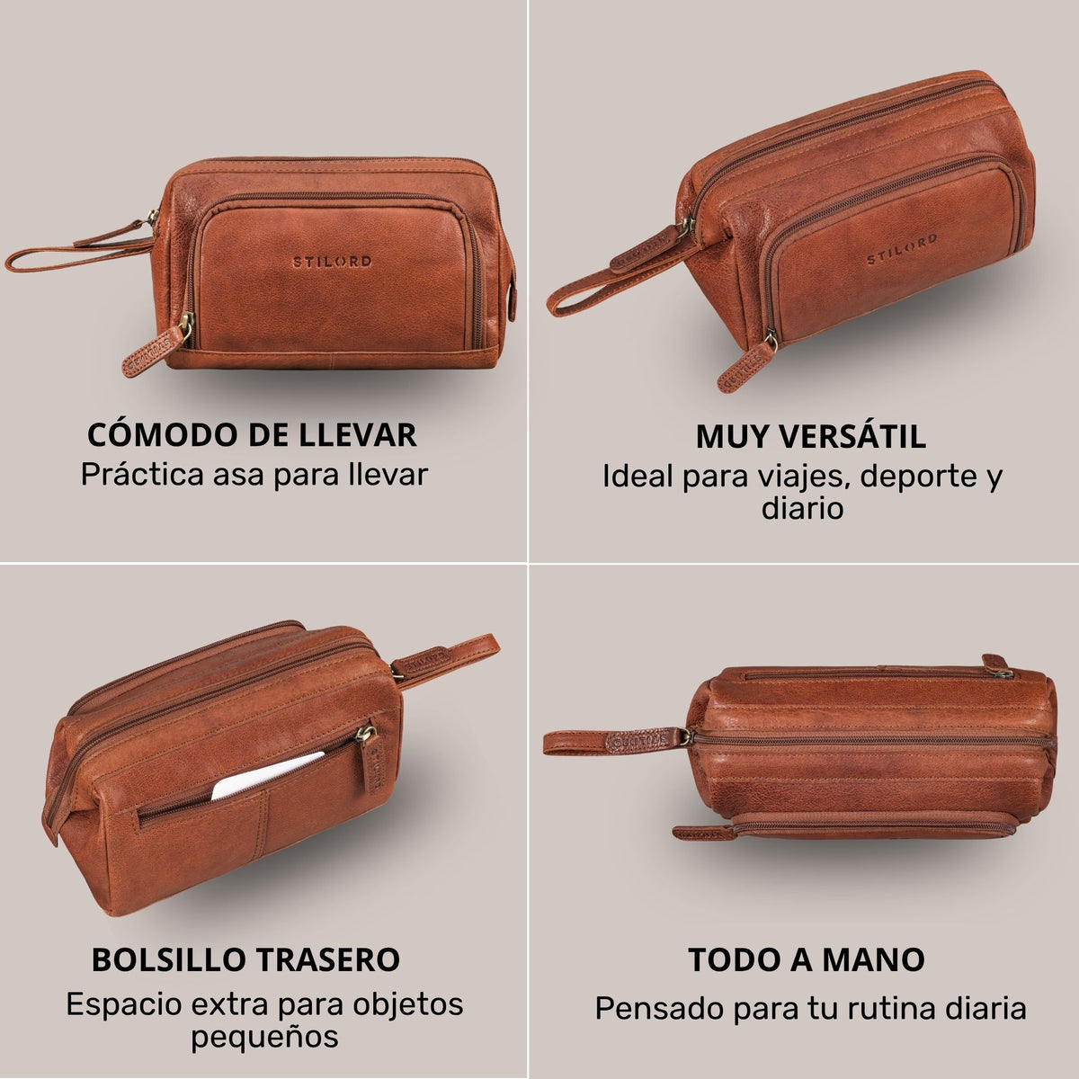 Neceser de cuero maraska marrón, vistas múltiples: frontal con estampado STILORD, asa de mano, bolsillo trasero y vista superior.
