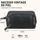 Neceser de piel negra genuina, vista frontal con el logo STILORD en relieve y medidas visibles
