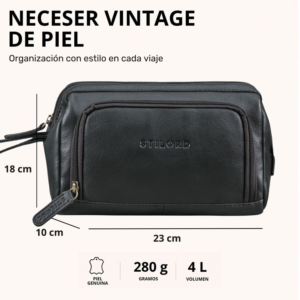 Neceser de piel negra genuina, vista frontal con el logo STILORD en relieve y medidas visibles