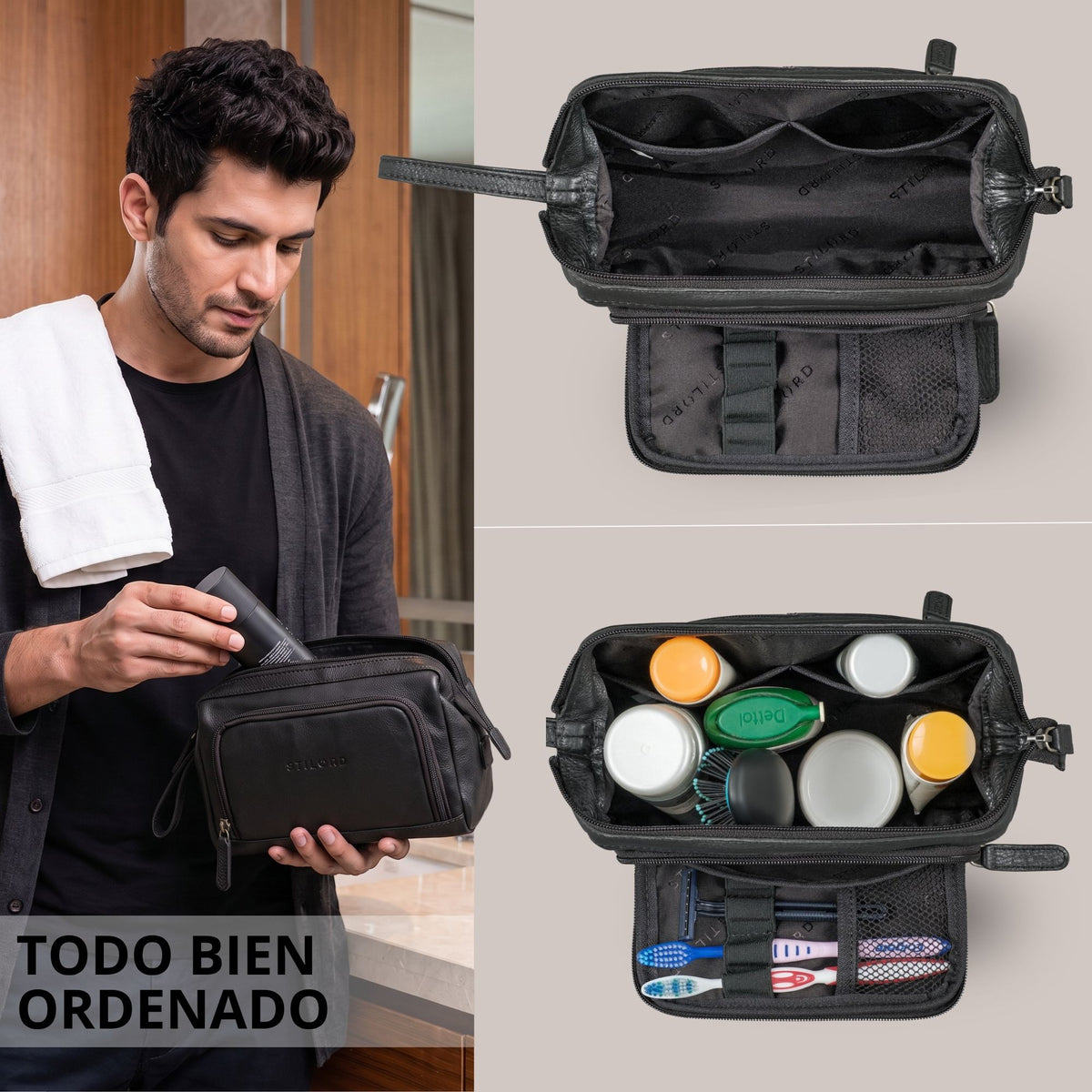 Neceser Henry de piel negro con amplia apertura, varios compartimentos interiores, bolsillo de malla y asa, hombre guardando productos