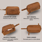 Neceser de cuero color tan Henry con logo STILORD visible; cuatro vistas: frente, inclinada, bolsillo trasero con tarjeta, vista superior con asa