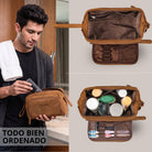 Hombre guarda productos en neceser Henry de cuero color tan/marrón oscuro, interior abierto con compartimentos organizadores, bolsillo de malla y asa de mano; logo STILORD visible.