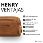 Neceser de piel vacuna color tan, vista frontal detalle con logo STILORD grabado y cremallera