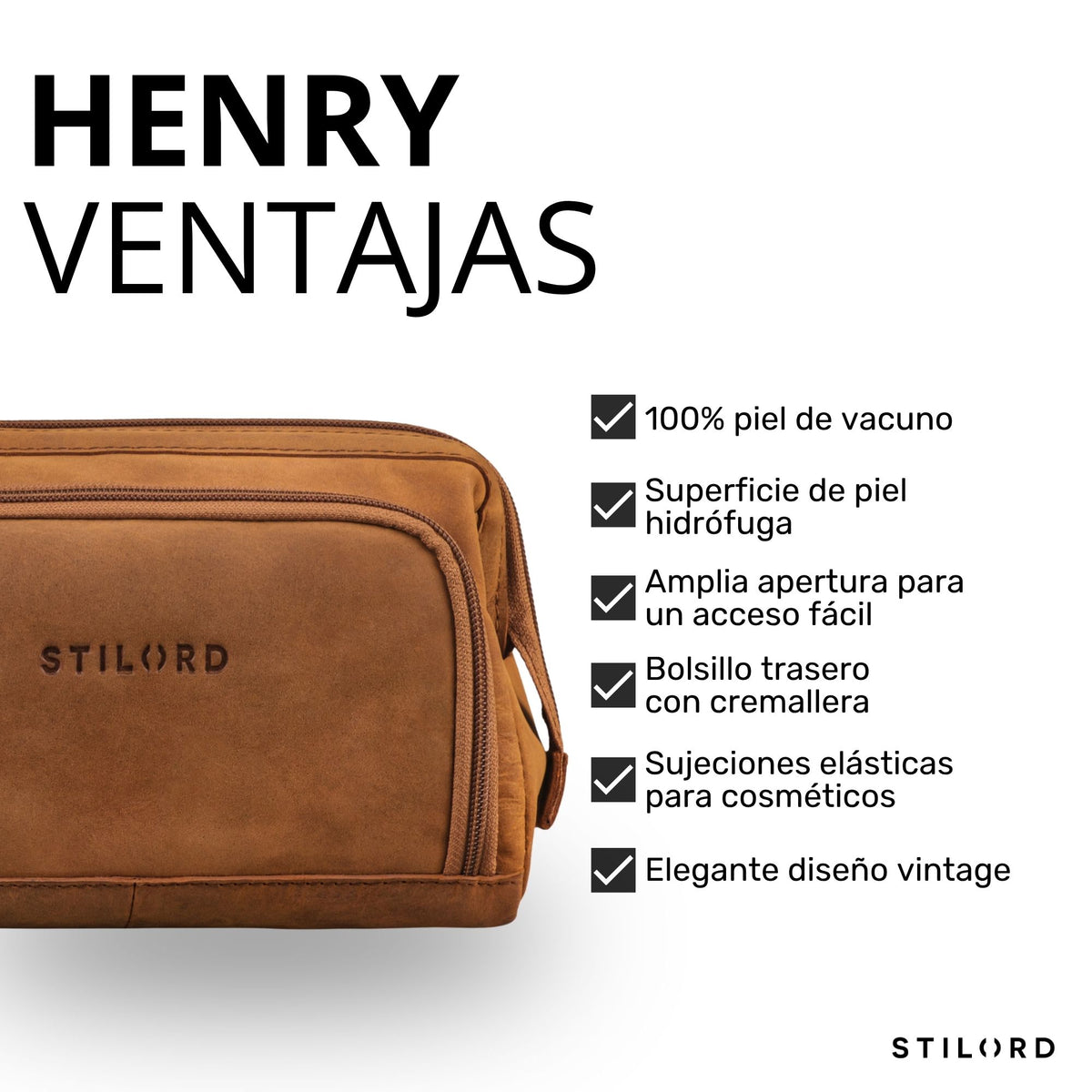 Neceser de piel vacuna color tan, vista frontal detalle con logo STILORD grabado y cremallera