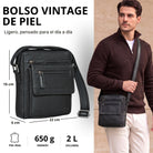 Pequeño bolso bandolera de piel negro, plano para tablet 8 pulgadas, bolsillos frontales y modelo con correa