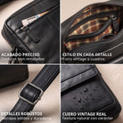Bandolera plana de cuero negro, primeros planos: costuras, forro a cuadros, hebilla metálica, cremallera interior y marca STILORD visible