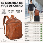 XL Rucksack aus cognacfarbenem Leder, Frontansicht mit Maßangaben links und Mann im Flughafen mit Trolley rechts
