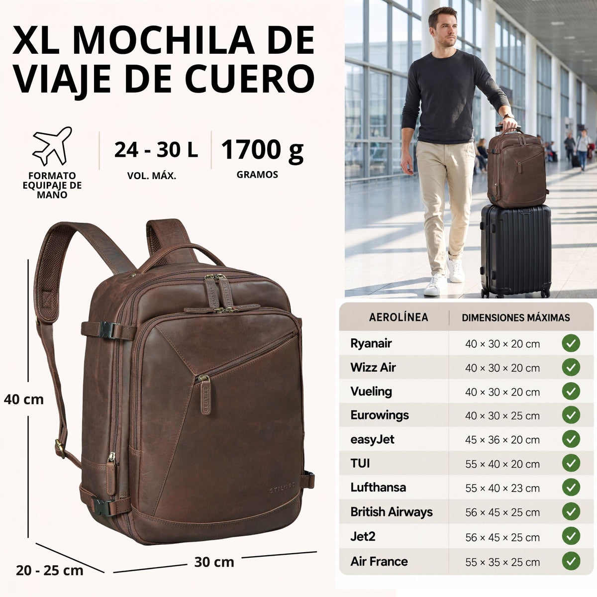 XL Reiserucksack aus braunem Leder, Front-/3‑4-Ansicht mit Reißverschlusstaschen; Reisender mit Trolley im Flughafen