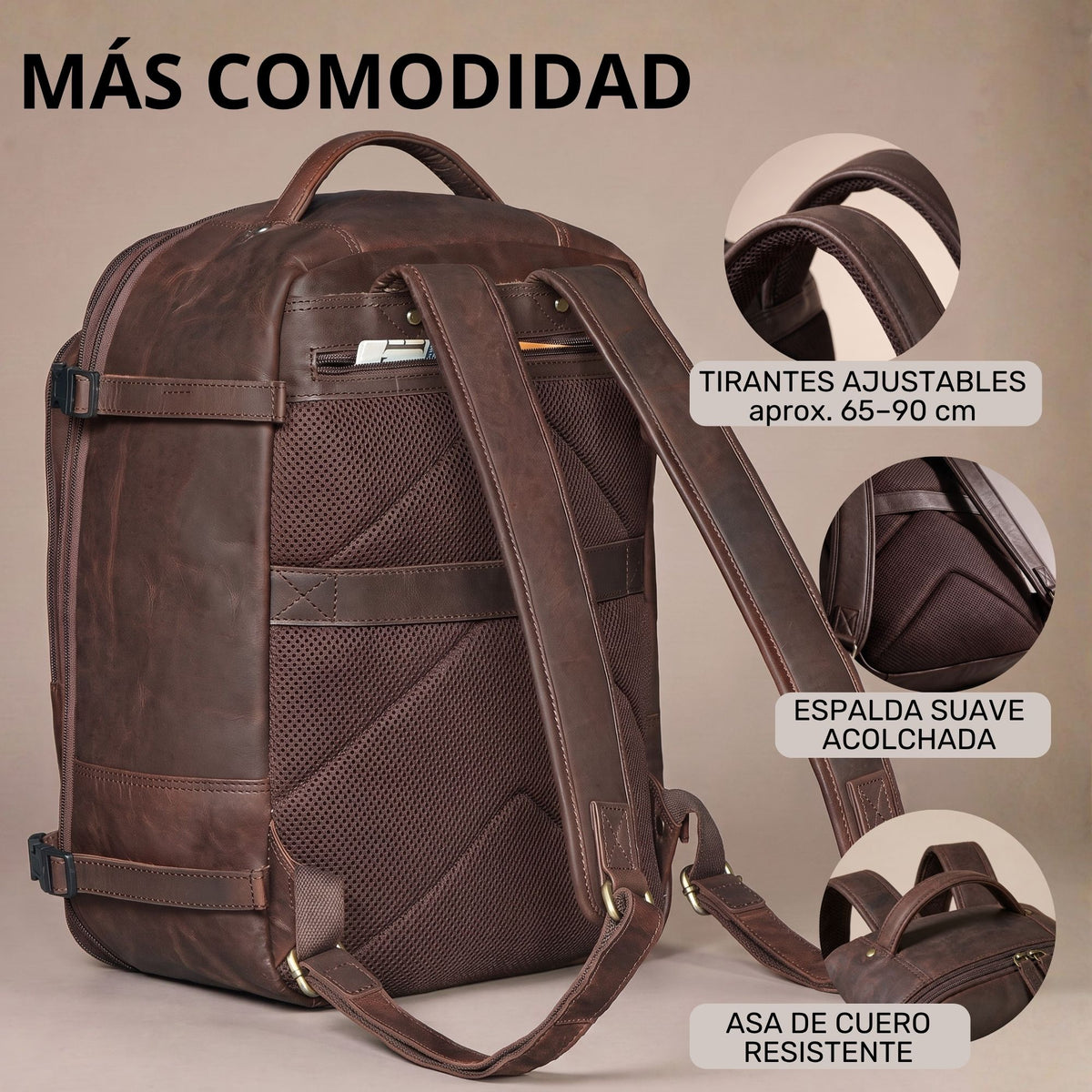 Erweiterbarer Rucksack aus braunem Leder, Rückansicht mit gepolsterter Rückenfläche, verstellbaren Tragriemen und Ledergriff.