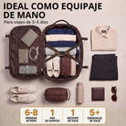 Offener brauner Leder-Reiserucksack, Draufsicht mit gepackter Innenansicht, Schuhe und Accessoires daneben
