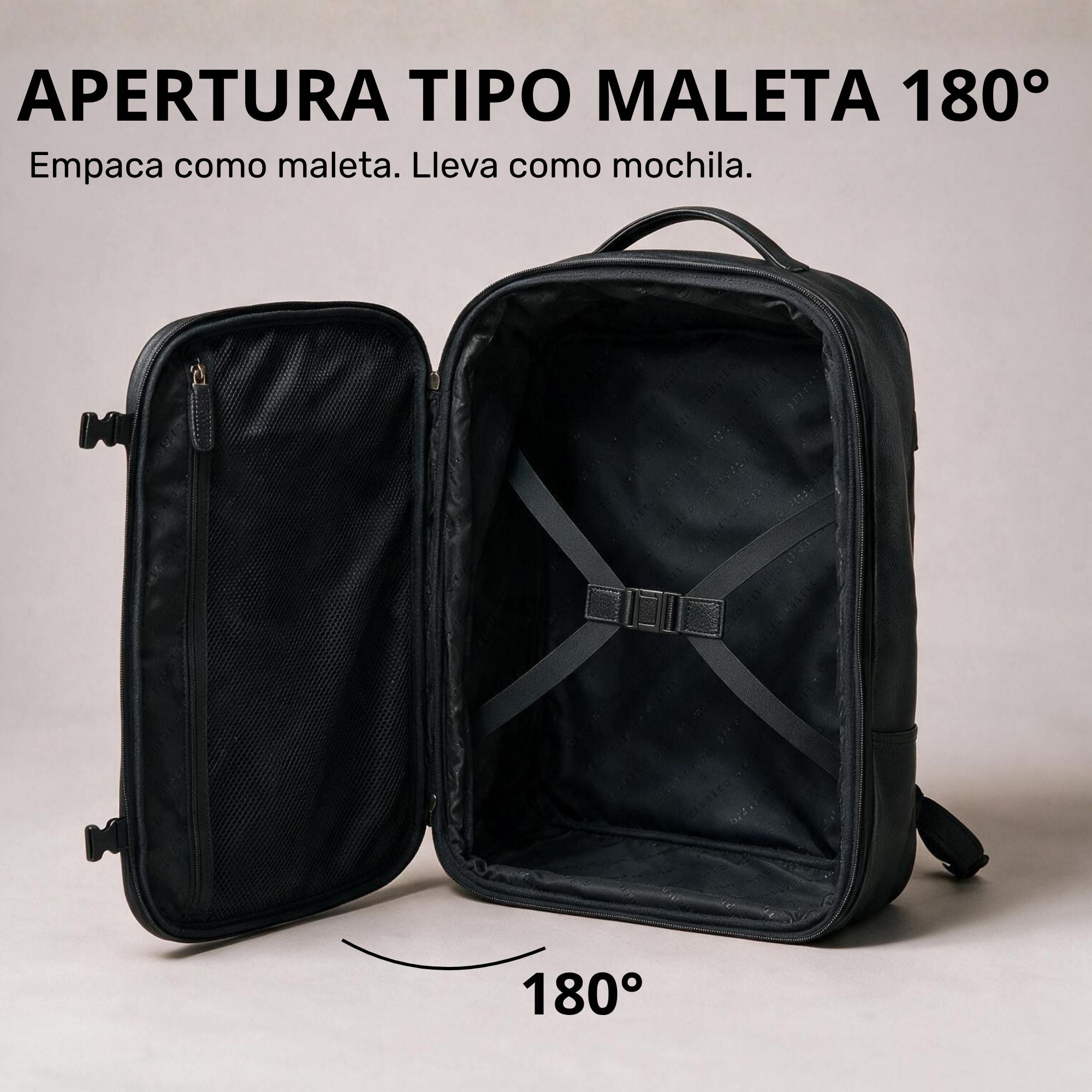 Schwarzer Leder-Rucksack, 180° aufklappbar wie Koffer, geöffnete Innenansicht mit Kreuzspanngurt und Tragegriff oben