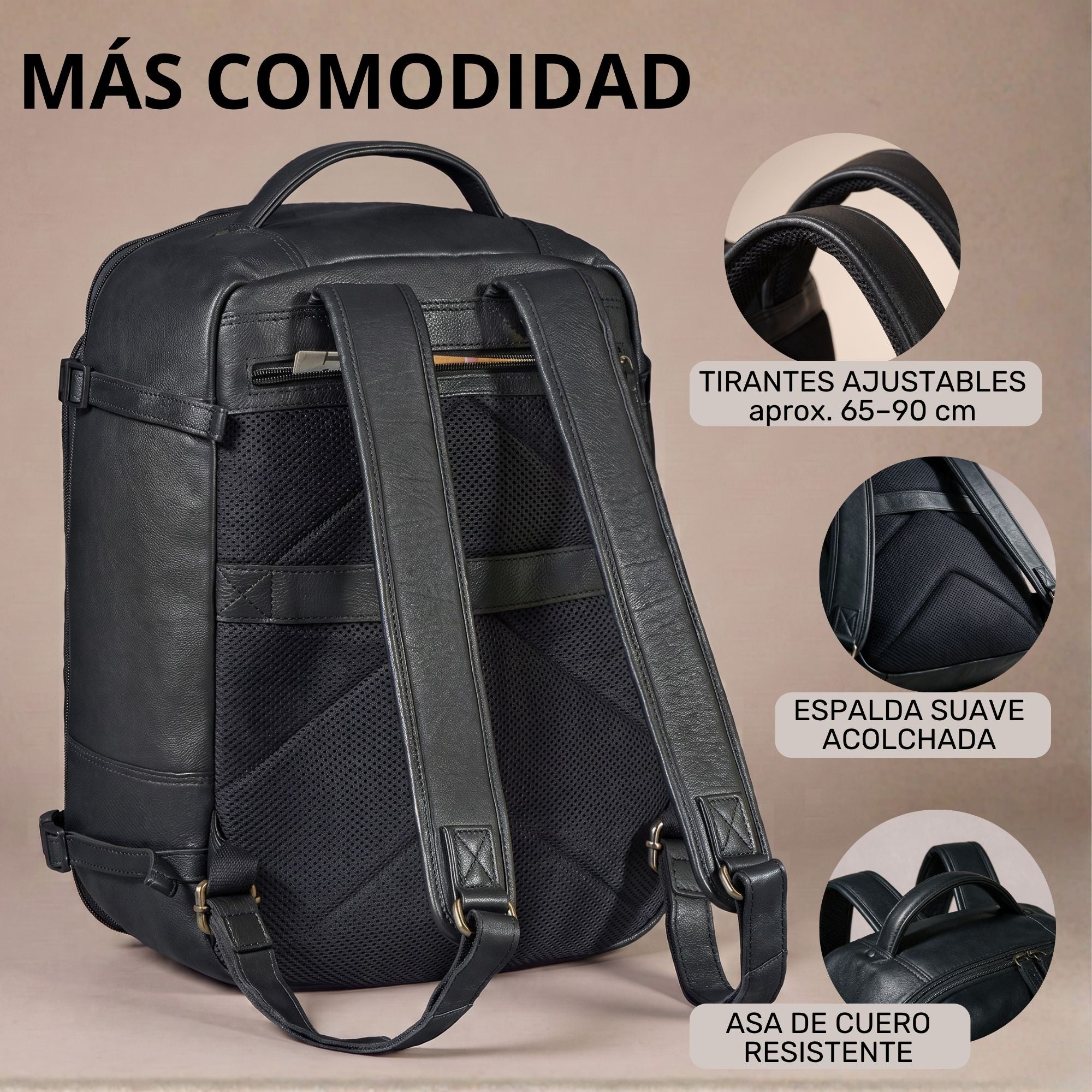 schwarzer Leder-Rucksack, Rückansicht mit gepolstertem Mesh-Rücken, verstellbaren Schulterriemen und Ledergriff, Detailansichten
