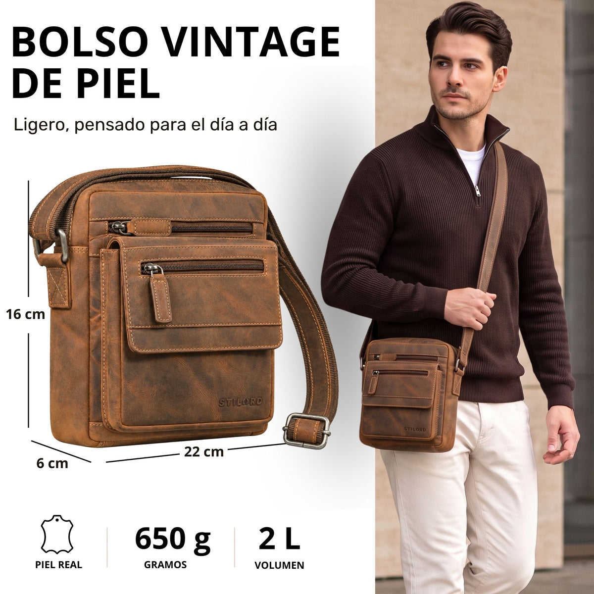 Bolso pequeño y plano de piel marrón, vista frontal con bolsillos y medidas, modelo lo lleva cruzado, apto para tablet 8 pulgadas