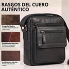 Bandolera masculina plana de cuero negro, bolsillos frontales con cremallera y solapa organizadora, vista 3/4 con logo STILORD