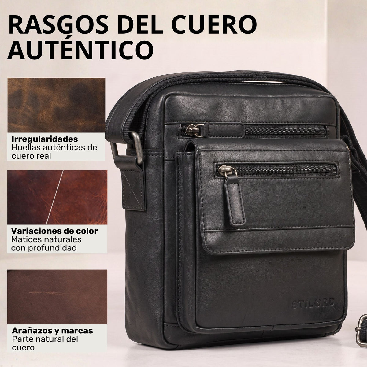 Bandolera masculina plana de cuero negro, bolsillos frontales con cremallera y solapa organizadora, vista 3/4 con logo STILORD