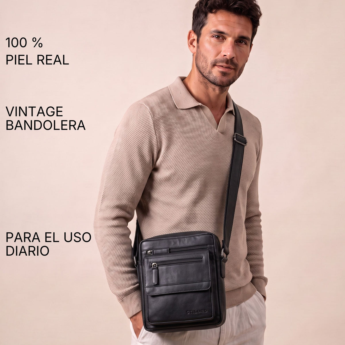 Bandolera plana de piel negra para hombre, bolsillos frontales con cremallera, modelo la lleva cruzada, apta para tablet de 8''
