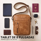 Kleine Herren-Schultertasche aus Perugia-Leder, Draufsicht mit 8-Zoll-Tablet, Reißverschlussfach vorne, STILORD-Prägung