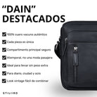 Kleine schwarze Leder-Umhängetasche für Herren, Frontdetail mit Reißverschluss, Schulterriemen, links Produkt-Feature-Text und Markenlogo STILORD