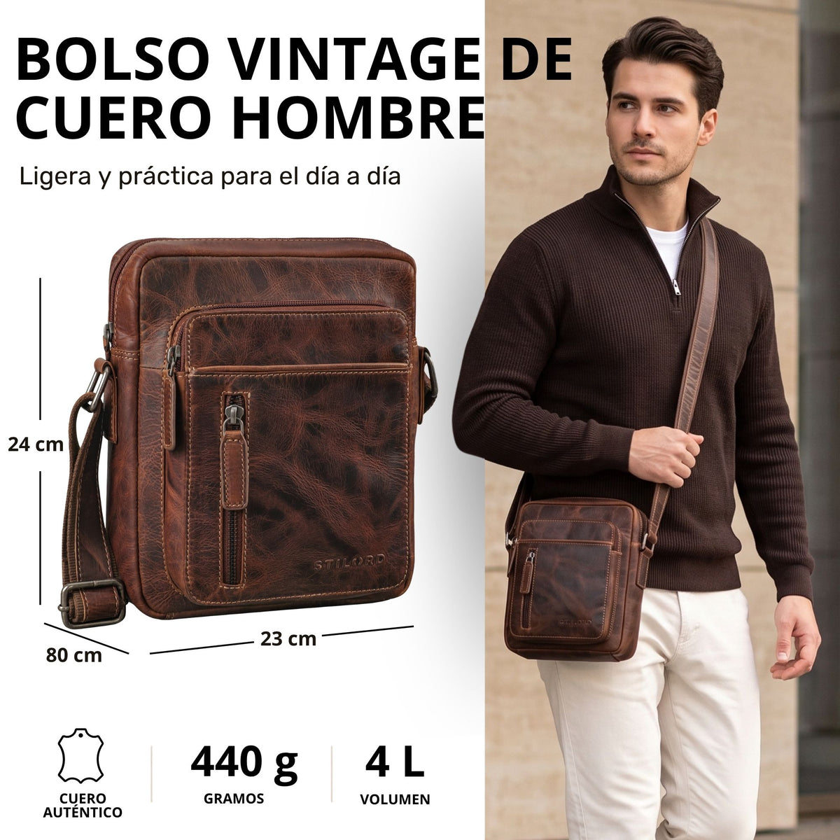 Kleine Herren-Schultertasche aus braunem Echtleder, Vorderansicht mit Maßangaben links und Modell trägt sie quer rechts