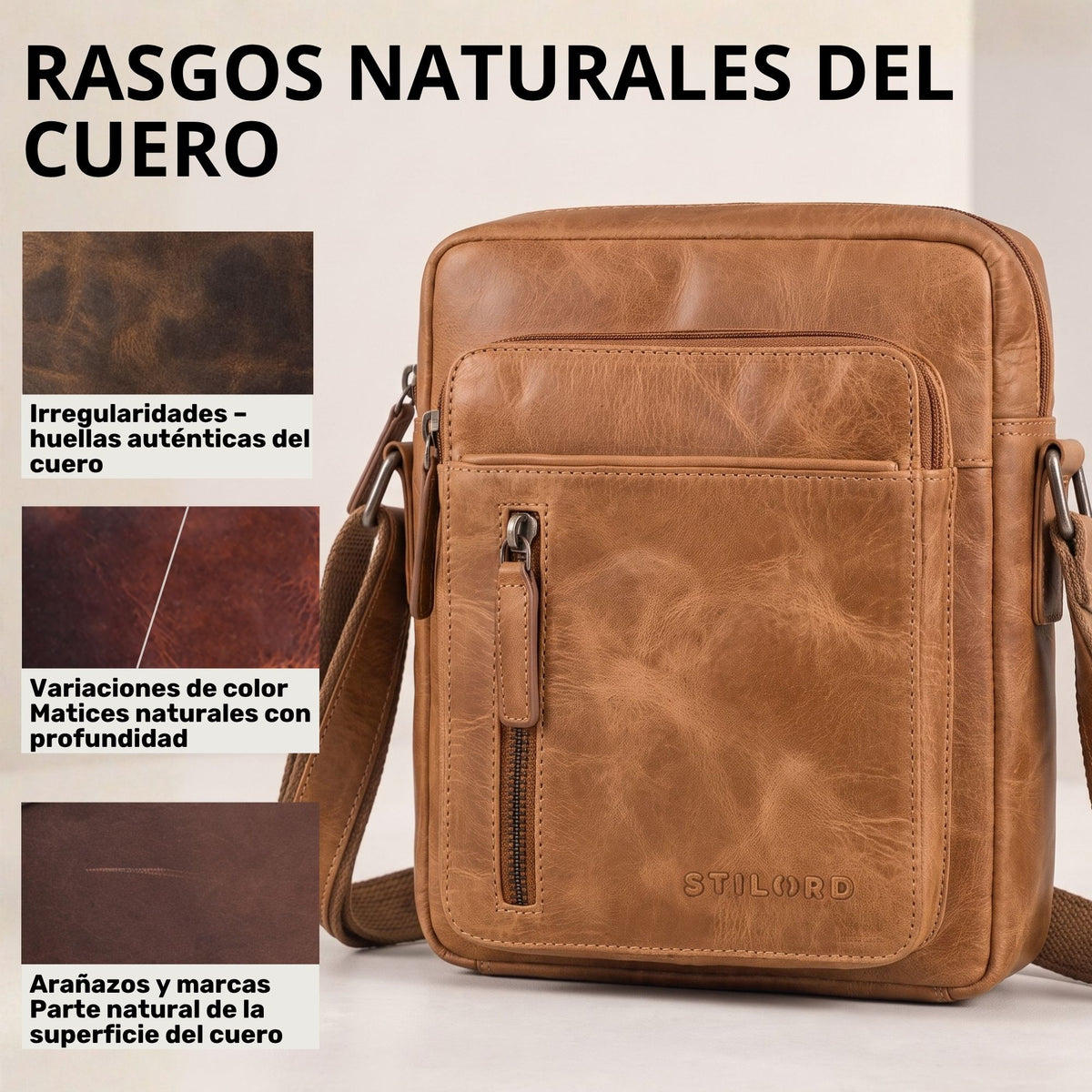 Kleine Herren-Schultertasche aus Echtleder perugia-braun, Frontreißverschluss, STILORD-Prägung, Lederproben links
