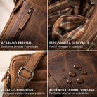 Nahaufnahmen einer braunen Herrenschultertasche aus Vintage-Leder: Reißverschluss, kariertes Innenfutter, Schnallenriemen, Wasserperlen