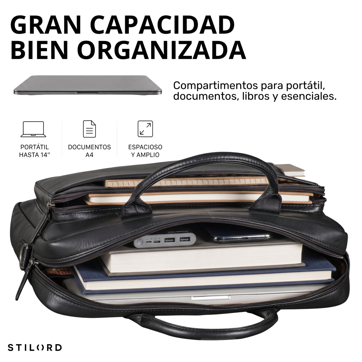 Schwarze Business-Tasche aus Leder geöffnet, Innenfächer mit Laptop, Büchern und Zubehör, STILORD-Logo sichtbar