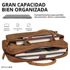Braune Leder-Business-Tasche offen, Laptopfach für 13-14 Zoll, Notizbücher und Powerbank sichtbar, Frontperspektive