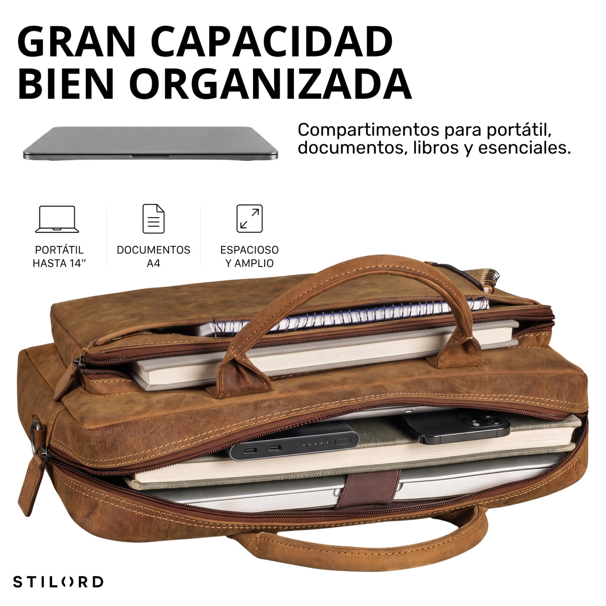 Braune Leder-Business-Tasche offen, Laptopfach für 13-14 Zoll, Notizbücher und Powerbank sichtbar, Frontperspektive