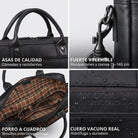 Vier Detailansichten: schwarze Ledertasche mit Griffen, Karabiner, kariertem Innenfutter und geprägtem STILORD mit Wasserperlen