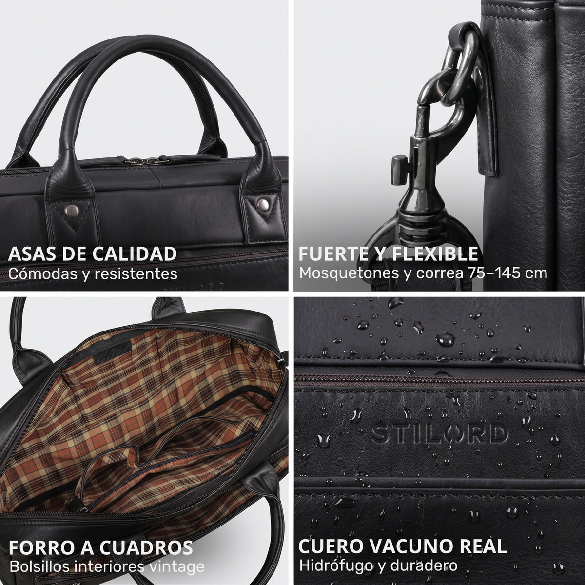 Vier Detailansichten: schwarze Ledertasche mit Griffen, Karabiner, kariertem Innenfutter und geprägtem STILORD mit Wasserperlen