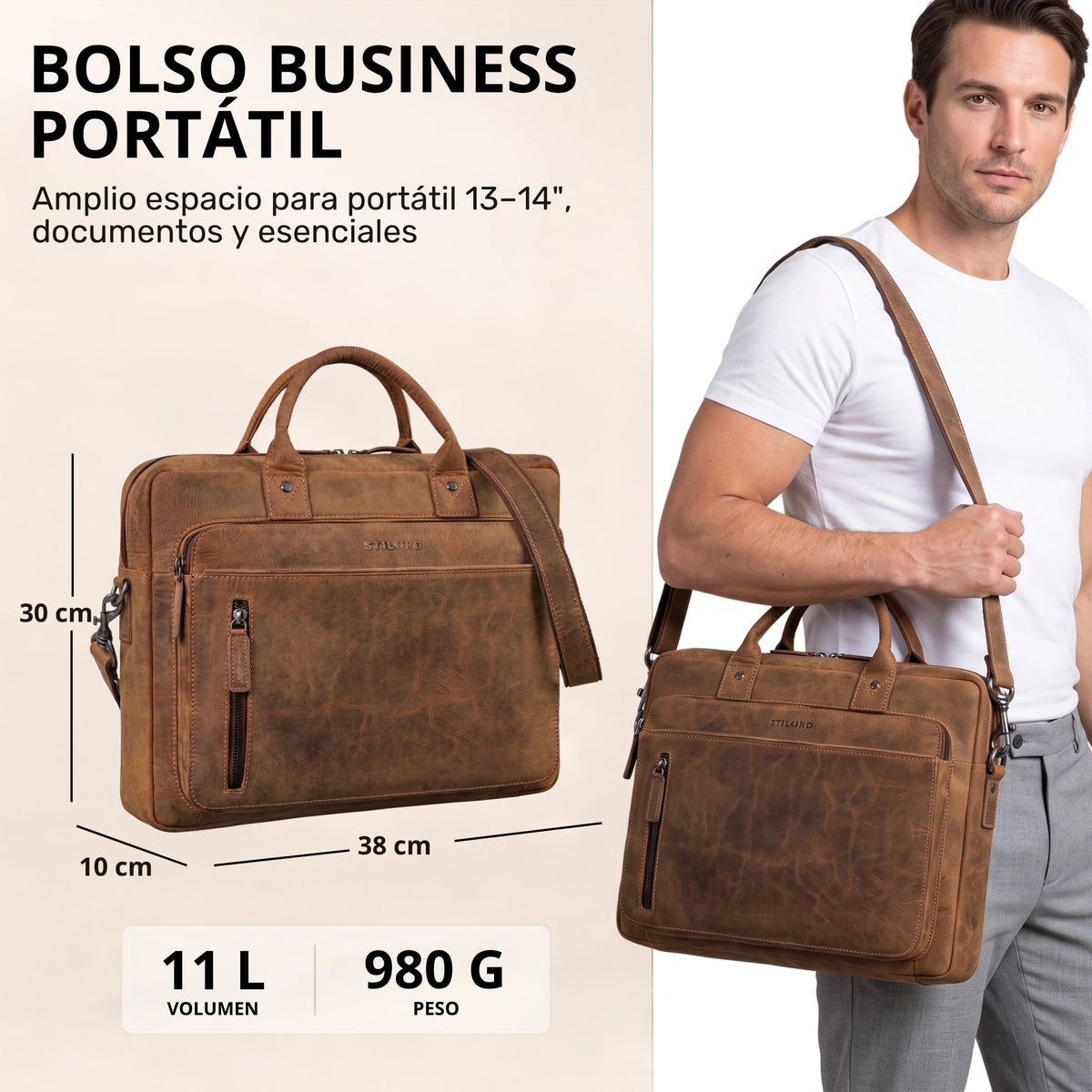 Braune Leder-Business-Tasche bergamo mit Laptopfach 13–14 Zoll, Fronttasche und Schultergurt, Model trägt sie