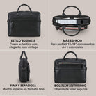 Schwarze Leder-Business-Tasche, Front, obere Öffnung mit 13-14" Laptop, Seitenprofil und Diebstahl-Außentasche