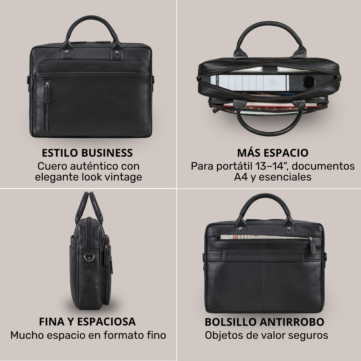 Schwarze Leder-Business-Tasche, Front, obere Öffnung mit 13-14" Laptop, Seitenprofil und Diebstahl-Außentasche