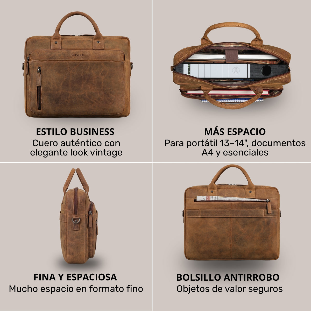 Braune Leder Business-Tasche bergamo, vier Ansichten: Front, offene Oberansicht mit Laptop, Seitenprofil, Rückseite mit Diebstahlsfach