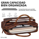 Geöffnete Business-Ledertasche luino braun mit organisierten Fächern, Laptopfach bis 14 Zoll, Blick ins Innere