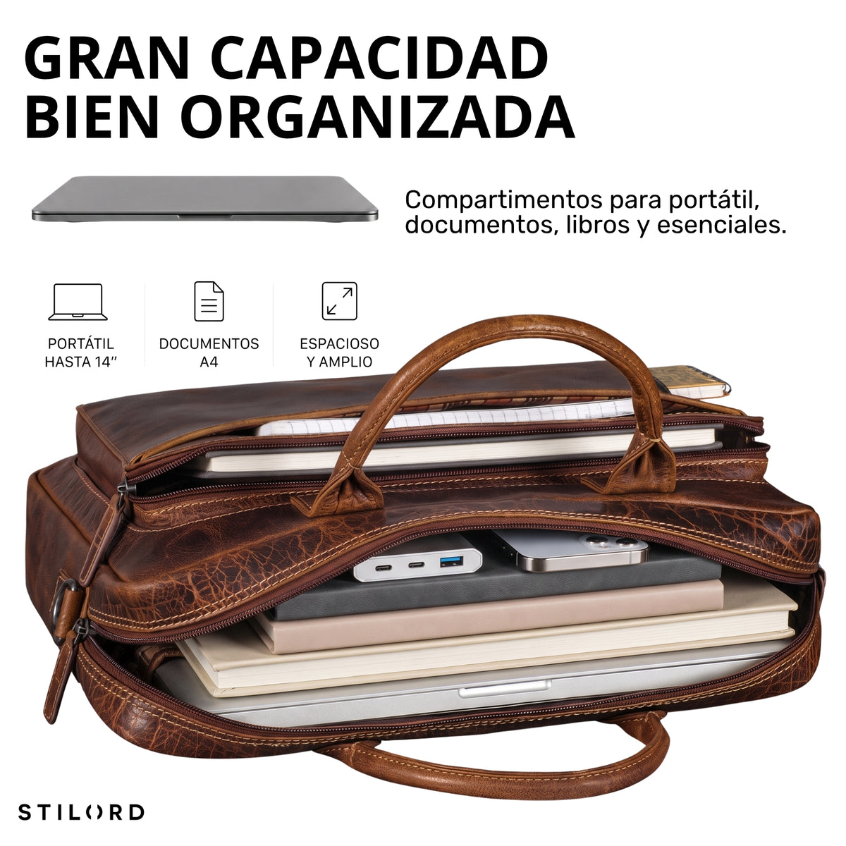 Geöffnete Business-Ledertasche luino braun mit organisierten Fächern, Laptopfach bis 14 Zoll, Blick ins Innere