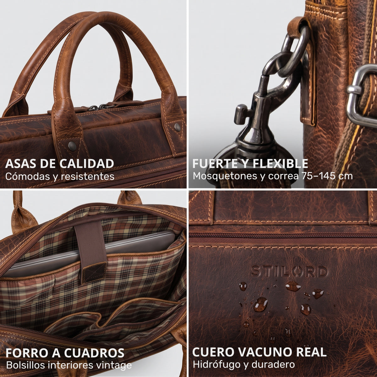Leder-Business-Tasche luino braun, Nahaufnahmen: Griffe, Metallkarabiner, kariertes Innenfach mit 13–14" Laptop, geprägtes STILORD mit Wassertropfen