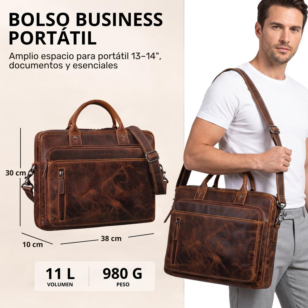 Braune Vintage-Ledertasche für Laptop 13–14\" Vorderansicht mit Tragegurt, sichtbare STILORD-Prägung