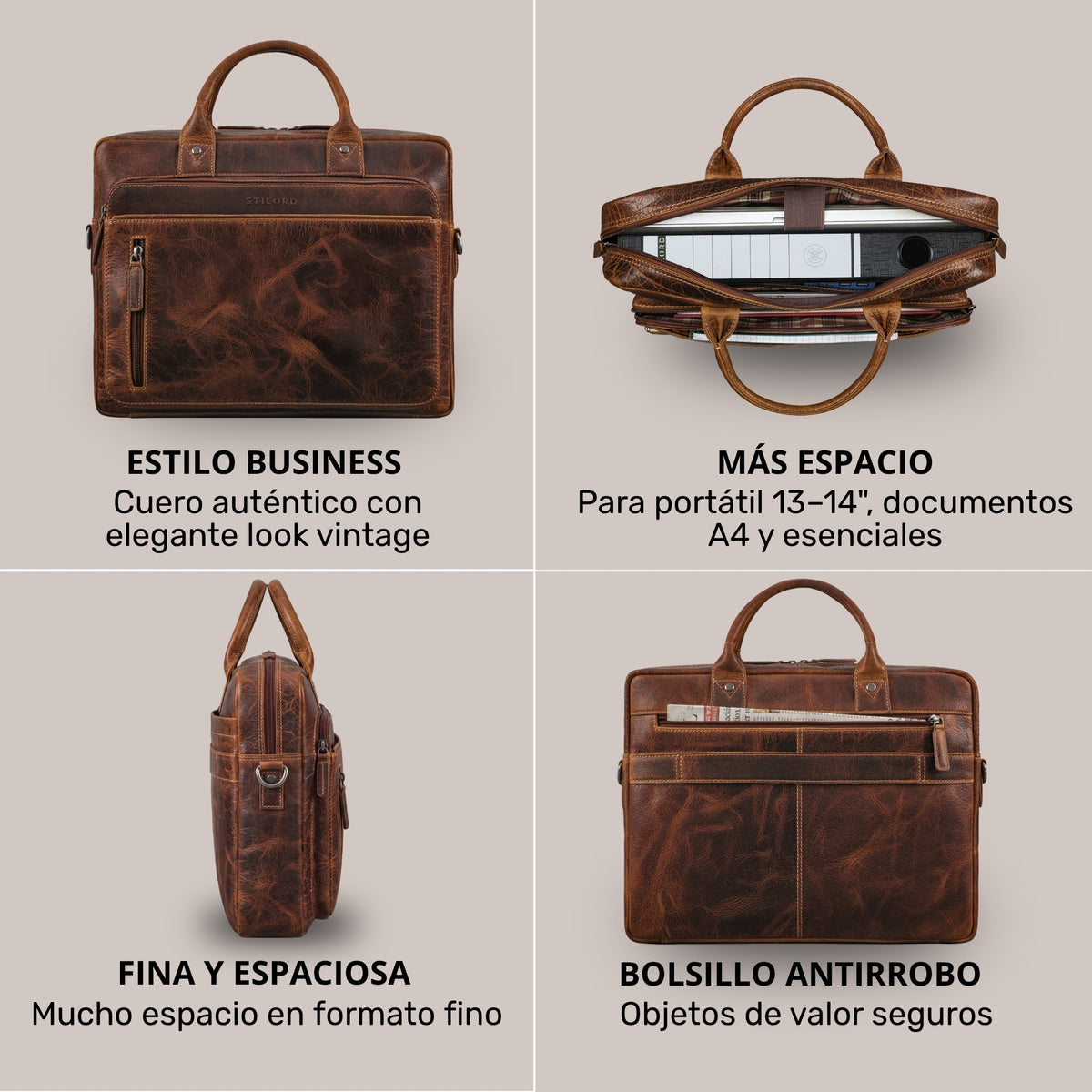 Vier Ansichten einer Business-Tasche aus luino-braunem Leder: Front, Draufsicht mit 13–14 Zoll Laptop, Seitenprofil und Rückfach mit Reißverschluss
