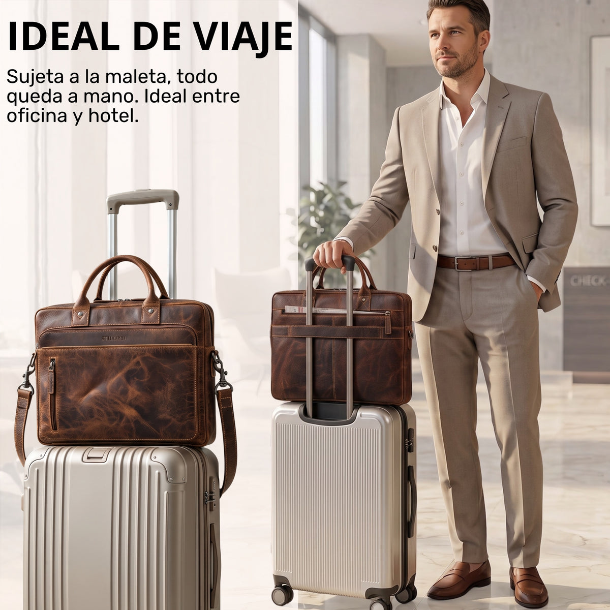Braune Leder-Business-Tasche auf Rollkoffer, Trolley-Aufsteckschlaufe sichtbar, Mann im Anzug im Hintergrund