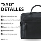 Schwarze Leder-Business-Tasche, Frontdetail mit Reißverschluss, Tragegriff und eingeprägtem STILORD-Logo