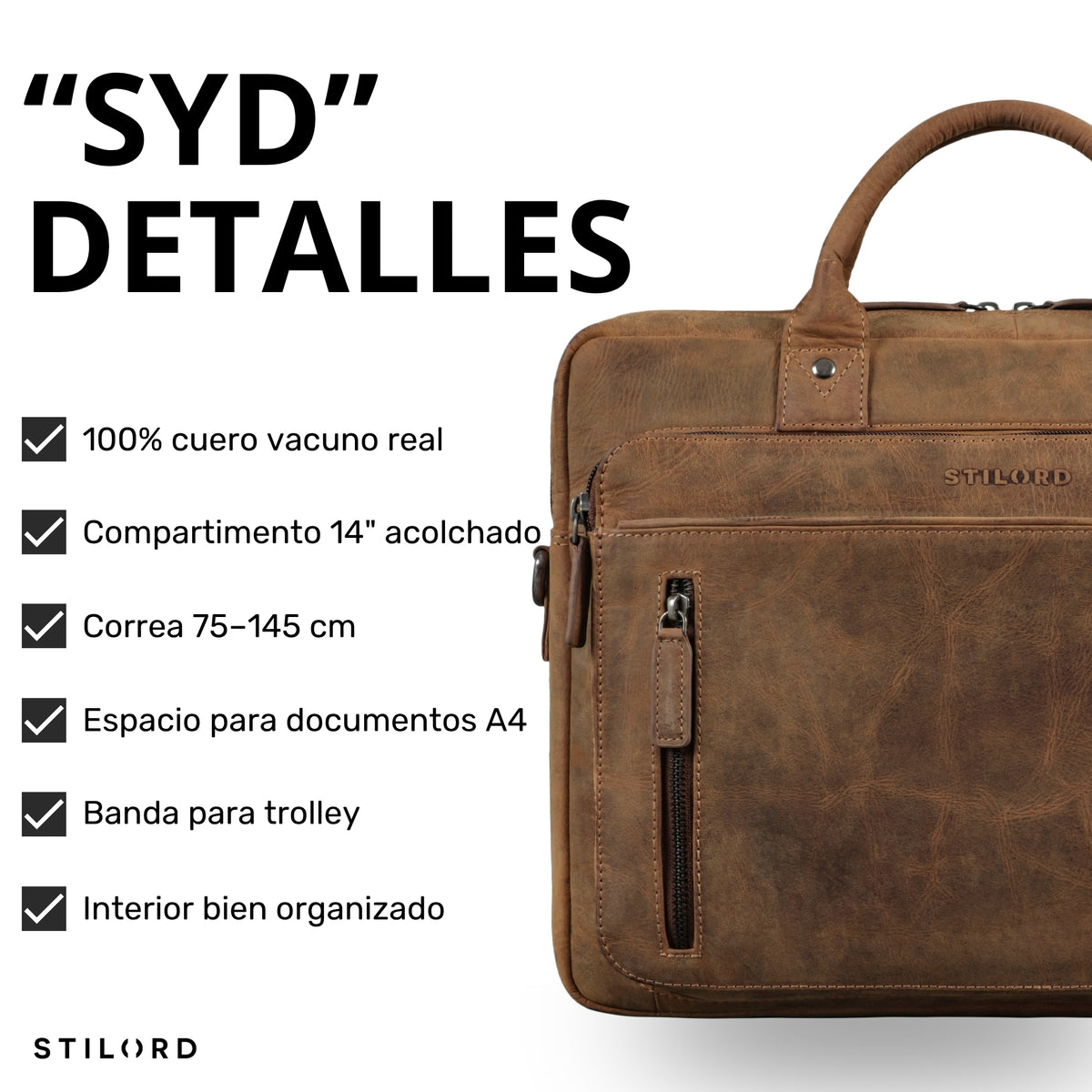 Braune Syd Business-Tasche aus Echtleder, Detailansicht Vorderfach und Griff mit sichtbarer STILORD-Prägung, für 13–14 Zoll Laptop
