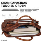 Offene braune Leder-Business-Tasche mit Laptopfach, Büchern, Powerbank und organisierten Innenfächern, Draufsicht