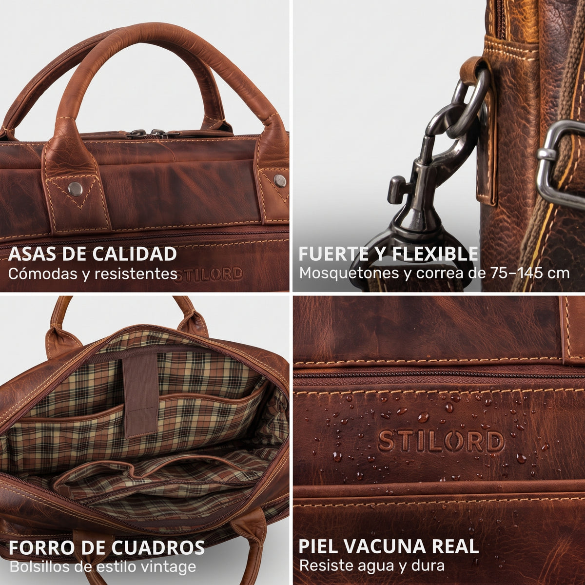 Business-Tasche aus braunem Salerno-Leder, Doppelgriff, Trageriemen-Haken, kariertes Innenfutter, STILORD-Prägung mit Wasserperlen