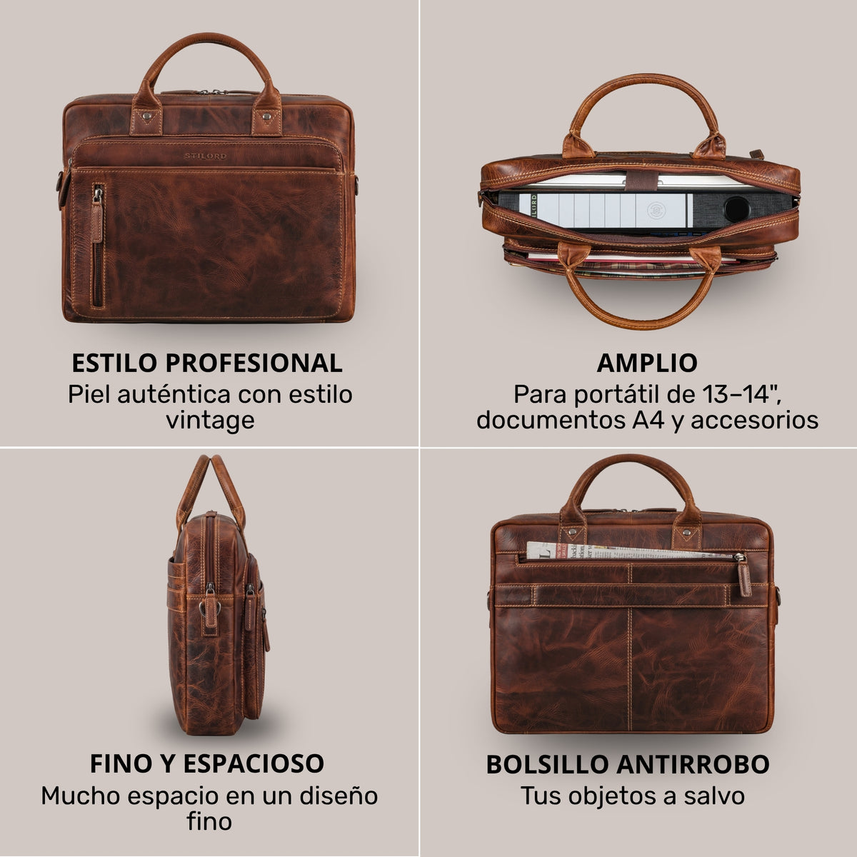 Vier Ansichten einer salerno braunen Ledertasche für 13–14 Zoll Laptop, Front-, Rück-, Seiten- und geöffnete Topansicht mit STILORD-Prägung