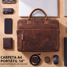 Braune Business-Ledertasche Salerno mit STILORD-Prägung, Laptop 14 Zoll, A4-Mappe und Zubehör, Draufsicht
